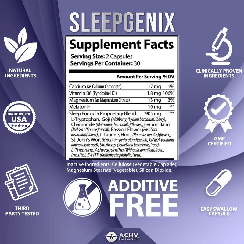 Sleepgenix contains a blend of natural ingredients known for their sleep-enhancing properties. A combination of herbal extracts, essential nutrients, and neurotransmitter precursors to create a holistic approach to improving sleep.